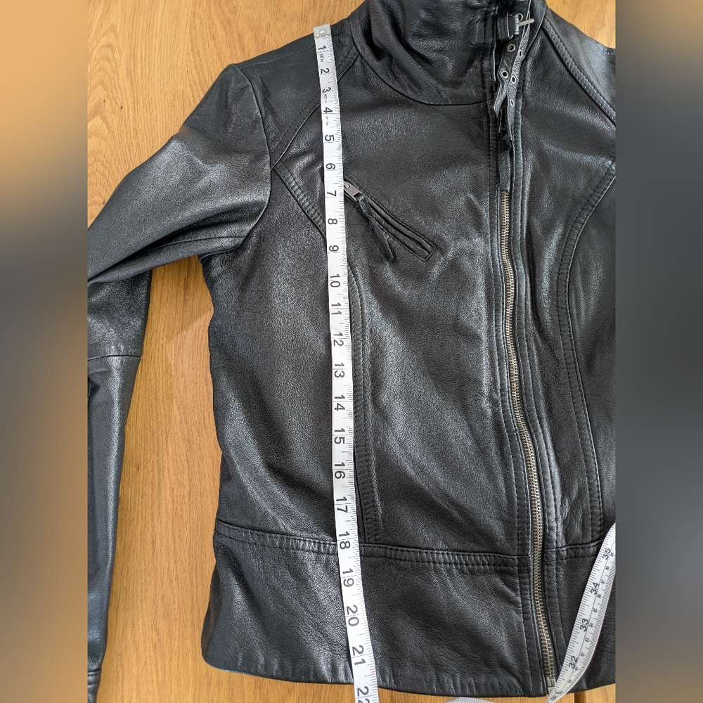 All Saints Black Leather Jacket with Buckle Collar - Picture 12 of 12